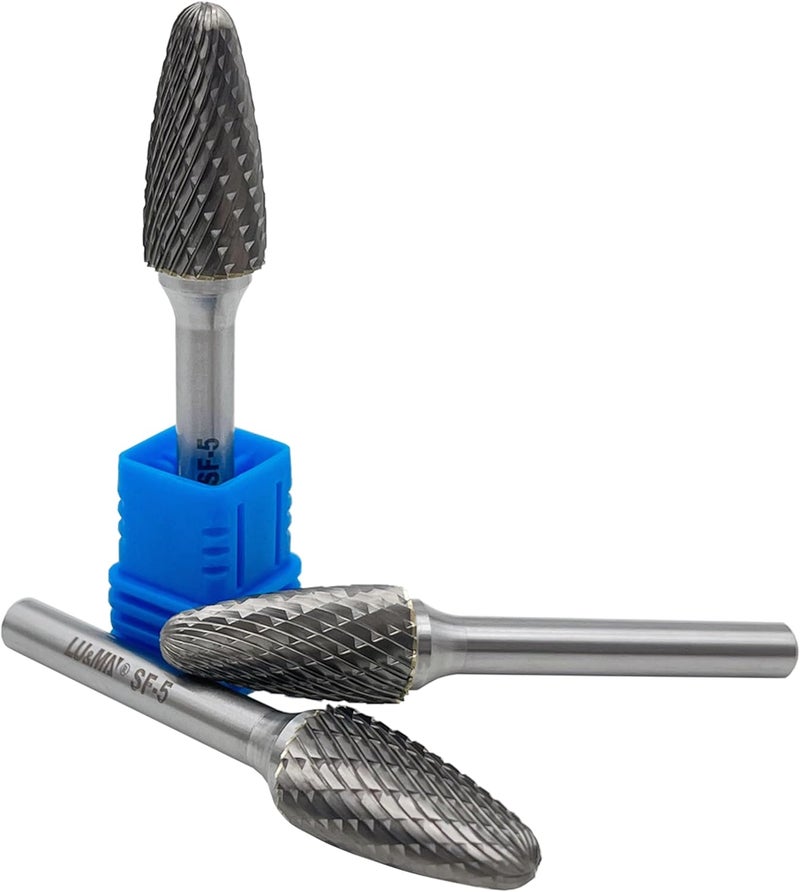 LU&MN SF-5 Tungsten Carbide Burr Tree Shape Radius End Double Cut Rotary Burr File (1/2” Cutter Dia X 1”Cutter Length) with 1/4'' Shank, 3PCS - Image 2